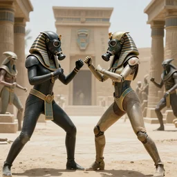 big budget scifi movie set in ancient egypt with extraterrestials fights with female cyborg in rubber and gas mask fighting