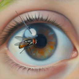 hyperrealism painting from the eye perspective of a housefly getting swatted at from a man with a fly swatter
