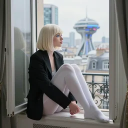 19-year-old Aristocratic platinum-blonde-haired hime-cut blue-eyed French empress wearing white leggings and black jacket, sitting in French apartment, looking out open window, communist city, futuristic city