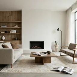 modern light colored interior design, sophisticated, modern, rustic details, furniture magazine, promotional photography
