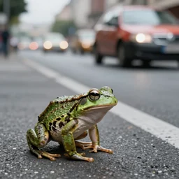 frog walking on two legs across the street, a car speeding towards it, 8 k photography, realistic