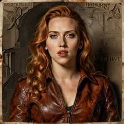 burnt and ancient engraving of a portrait of scarlet johansson in leather suit by albrecht durer