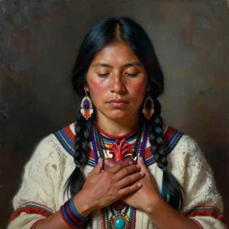 a beautiful portrait of an indigenous female shaman healing her heart, matte painting, by christophe vacher