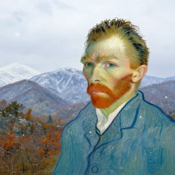 autumn in the mountains, blizzard in the sky, portrait by vincent van gogh