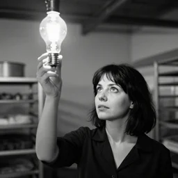 a woman holding a light bulb in the air. she has black hair and blue eyes. the environment is an industrial bakery. black and white photo