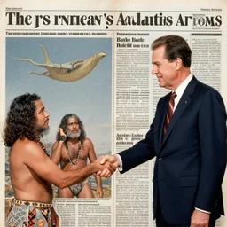 Newspaper photograph showing President Nixon making a deal with the Mere-people of Atlantis