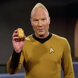 a still from a 9 0 s tv show of captain picard from star trek holding a potato