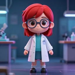 full body anime portrait of a cute girl round eyes red hair wearing glasses dressed in a lab coat cinematic highly detailed 4 k neon anatomically correct