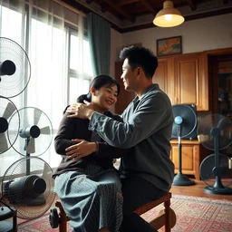 1 9 9 3, disposable camera, flash, pov, wide shot of asian couple hugging at each other, sitting in rural living room, group of mechanical fans placing around the room, day light, high details, octane render, realistic