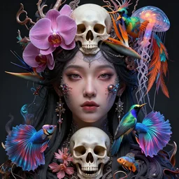 goddess close-up portrait. chimera orchid jellyfish colibri bird of paradise phoenix, skull, betta fish, bioluminiscent creatures, intricate artwork by Tooth Wu and wlop and beeple. octane render, trending on artstation, greg rutkowski very coherent symmetrical artwork. cinematic, hyper realism, high detail, octane render, 8k