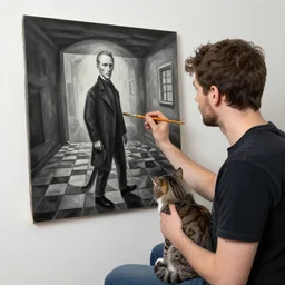 man holding a cat and paintbrush painting a painting of himself painting, by escher