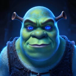 closeup portrait of an ethereal shrek made of blue light, divine, cyberspace, mysterious, dark high-contrast concept art