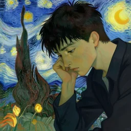 2 d artistic picture of a young man with sharp facial features and anime style hair looking sadly down on his hand, melancholic, allegorical style, by peter mohrbacher, jeremy mann, francoise nielly, van gogh, ross tran, beautiful, award winning scenery