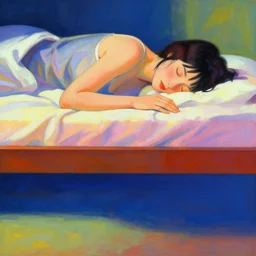 close - up of a woman sleeps in levitation above her bed vibrant by akihiko yoshida and edward hopper