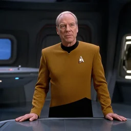 still of star trek the next generation. larry david as captain on the bridge of the enteprise, 4 k