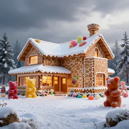 professional high quality wide - angle digital art from 5 0 feet in the distance of a home designed by frank lloyd wright. the house is made from gingerbread and giant colorful gumdrops. 2 life size gummi bears are posed in front of the house. it's a delightful wintery scene. photorealistic, epic fantasy, dramatic lighting, cinematic, extremely high detail, cinematic lighting, trending, artstation, cgsociety, 3 d ue 5, 4 k, hq