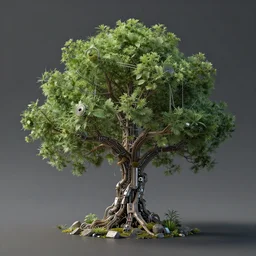 a never seen before beautiful small tree. complex highly detailed mechanical world. steel, cybernetics, links, post apocalyptic, volumetrics, high details, intricate, unreal engine 5, 4 k.