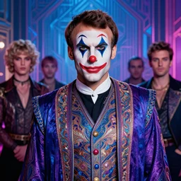 portrait of glamor norse god | emmanuel macron | robe | ( ( clown ) ) | paris background | highly detailed | very intricate | professional model | cinematic lighting | painted by donato giancola and mandy jurgens and charlie bowater | bold colors, artdeco, art deco synthwave blue purple pink aesthestic, 8 0's nostalgia | artstation