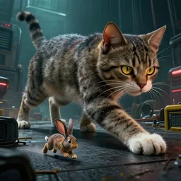 huge 🐈 hunting, by mark ryden in cyberpunk environment, 4 k ultra high resolution, cat & mouse, horror, long camera shot, tiny 🐭 fleeing