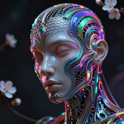 a melancholic realistic 8k sculpture of a complex robotic human face, liquid metal simulation, bright psychedelic neon colors, dark dramatic lighting, hexagonal mesh wire, filigree intricate details, cinematic, fleshy musculature, white blossoms, elegant, 50mm lens, DOF, octane render, art nouveau, 8k post-processing, intricate art by Eddie Mendoza