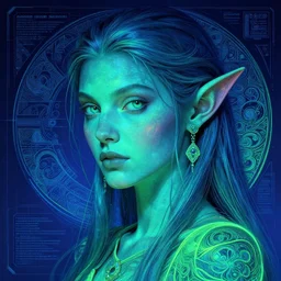 flourescent portrait of jewel elf oracle physically accurate, moody dynamic lighting, very very intricate, very very elegant, highly detailed, concept art, smooth, very beautiful, sharp focus, illustration, art by Rob Lefield and Dan Mumfordand artgerm and greg rutkowski and alphonse mucha digital painting, artstation, trending on artstation, digital art,surrealism ,macro,blueprint ,vaporwave ,