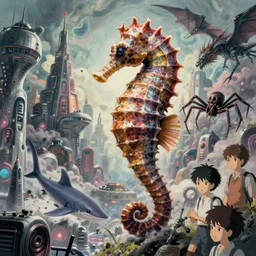 a seahorse, goblinshark, dragon, and spider hybrid giant kaiju! destroys futuristic city, surreal art, semi realistic anime, h. r. giger, zdzisław beksinski, studio ghibli, makoto shinkai, cinematic, award winning illustration, masterpiece, trending on pixiv, 8 k