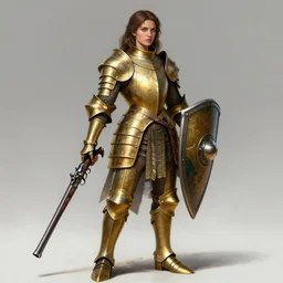 full body portrait of a female italian warrior medium length brown hair and a very highly detailed face wearing elegant golden plate mail armor with green and white accents, holding a tower shield in one hand and a long flintlock pistol in the other, highly detailed, digital fantasy painting, artstation, character concept art, sharp focus, illustration, art by artgerm and greg rutkowski and alphonse mucha