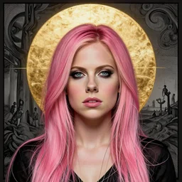 Woman masterpiece, portrait, Avril Lavigne, pink, golden halo behind her head, wires, lines, by Edgar Maxence and Ross Tran, Zdzisław Beksiński, and Michael Whelan, distant, gustav dore, H.R. Giger, 8k, octane render