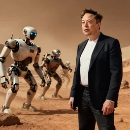 Elon Musk looking at his army of robots on Mars, highly detailed, octane render, 8k, Nvidia omniverse, cinematic lightning, artstation,