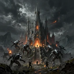 beautiful secret city of the elves gondolin on top of a mountain, magical gloomy mystical, under attack. by konstantin razumov, fractal flame, chiaroscuro, highly detailded, mech robot futuristic