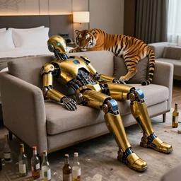 portrait photo of a shiny golden and blue metallic futuristic steampunk humanoid robot sleeping on a sofa in a modern hotel room, empty bottles all over the floor, behind the sofa is a tiger, messy, pressphoto, insanely detailed, wide shot