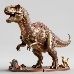 a monstrous hybrid of a dinosaur and kaiju, indian art, soviet art, 3 - dimensional, 3 d, rusty, damascus titanium, gold, rose - gold, in a symbolic and meaningful style, insanely detailed and intricate, hypermaximalist, elegant, ornate, hyper realistic, super detailed