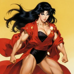 portrait of a muscular female fighting shrine maiden miko with long flowing black hair wearing a red hakama over a black leotard, by ross tran, frank frazetta, and tony diterlizzi