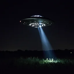 ufo flying in the sky, field, night, flashlight, 2001 photo