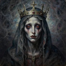 a painting of a creepy ominous religious figure with a crown on its head, ultrafine detailed oil painting, portrait, neo - expressionism, concept art, fractalism, cosmic horror, digital art, trending on artstation
