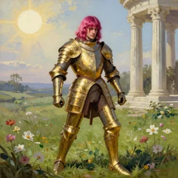 medieval noble male with magenta hair and pink bangs which partly cover his face, wearing golden armor, full body view, dramatic pose, blood on his face, photorealistic oil painting in medieval style, sun in the sky, bloom, green grassy land and white marble columns in the background
