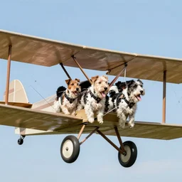 biplane flying, piloted by 3 dogs, toy fox terrier breed, dog pilots, black and white spots, panting