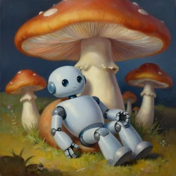 painting depicting a robot resting under a large mushroom, a friendly robot, highly detailed, in the style of rene magritte, cheval, octane render, unreal engine, trending on artstation