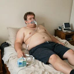 very fat man connected to a cpap machine. messy bedroom