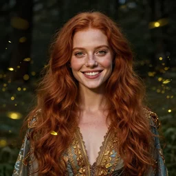 a happy a young woman, among the lights of golden fireflies and nature, wearing a wonderful dress, long loose red hair, intricate details, green eyes, freckles on the nose, beatiful smiling face, golden ratio, high contrast, hyper realistic digital art by artemisia lomi gentileschi and caravaggio and artgerm.