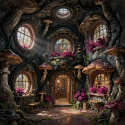 concept art painting of a interior of a cozy alien fantasy cottage made of mushrooms and fungus, circular windows, with black vines and magenta houseplants, realistic, detailed, cel shaded, dark, in the style of makoto shinkai and greg rutkowski and james gurney