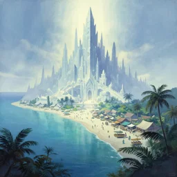 bazaar of the elven megacity of crystals and water, located at the tropical coast. gouache by award - winning animation studio, gothic horror, minimalism, impressionism, depth of field, backlighting