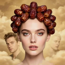 epic portrait of beautiful female face supermodel portrait with sweet fruit called dates crown by amy leibowitz, wlop, jeremy lipkin, beeple, intricate, artgerm, ilya kuvshinov, golden clouds background