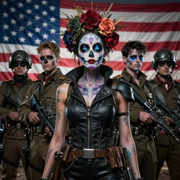 naturepunk deity of retrofuture dream logic creativity, beautiful detailed realistic cinematic and with revolutionary war soldiers in calavera makeup with glowing eyes cyberpunk revolutionary war and american flags propaganda portrait concept fashion revolutionary war, hi - fructose art magazine, by anton fadeev and paul lehr and david heskin and josan gonzalez, 8 k