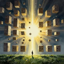 tall boxes falling out of space side - by - side, pixel sorting, objects levitating, person walking thru grass, zdzislaw beksinski