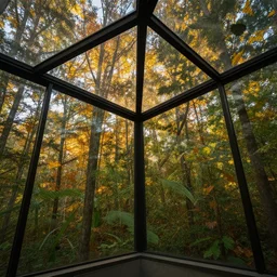 looking out through a ceiling high glass window over a lush forest in autumn, golden hour, high quality 4 k photo