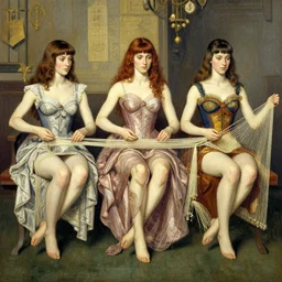 The Three Fates weaving the lives of countless souls, artist is Norman Rockwell,