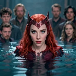 A fancy portrait of the Scarlet Witch with her head submerged in water by Greg Rutkowski, Sung Choi, Mitchell Mohrhauser, Maciej Kuciara, Johnson Ting, Maxim Verehin, Peter Konig, Bloodborne, 8k photorealistic, cinematic lighting, HD, high details, dramatic, atmospheric , trending on artstation