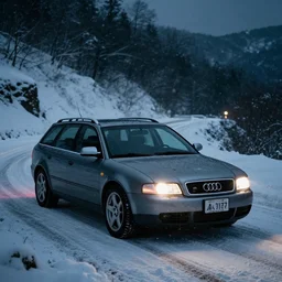 Audi A4 B6 Avant (2002), a gritty neo-noir, dramatic bright lighting, cinematic, establishing shot, extremely high detail, photorealistic, cinematic lighting, artstation, by simon stalenhag, Snowy japanese mountain road, At night