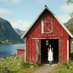 denis villeneuve. composition : long shot. style : digital art ; concept ; mysterious ; 4 k. scenery : a sunny fjord with a lone gabled roof red barn. subject : a young woman with long black hair wearing a white dress. action : the woman is hiding inside the barn.